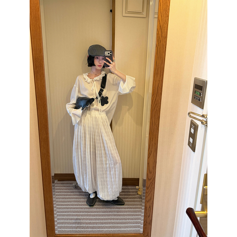 Mona Zhang Qixian Soft Ruffled Collar Blouse/Lyocell Ruffle Sleeve Relaxed Fit Three-Dimensional Cut Top for Women