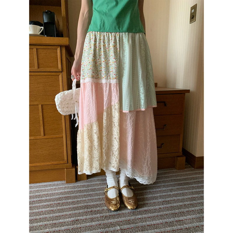 Mona Zhang Qixian Custom-Dyed Floral Lace Skirt/Summer Relaxed Pastoral Style Pure Cotton Patchwork Lace Skirt