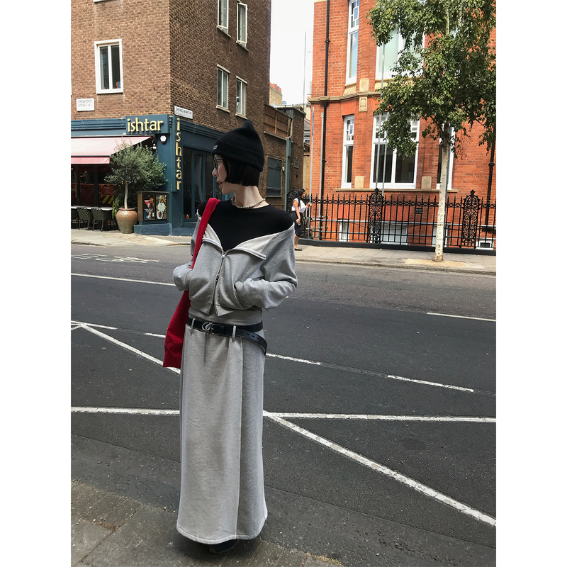 Mona Zhang Qixian Streetwear Set/Off-Shoulder Double Zipper Jacket/Slimming Hip-Covering Straight Skirt