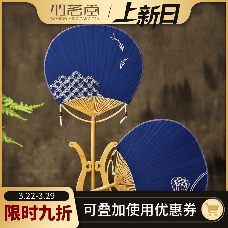 中国风手工刺绣团扇复古宫扇棉y麻布扇日式竹扇和风圆形蒲扇子夏