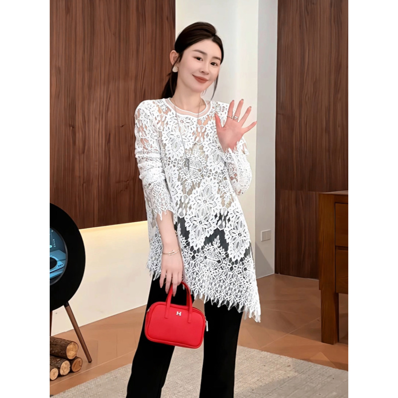 Nine Is Nine | 【Clear Cutout Design】Minimalist Hollow Out Lace Irregular Slant Hem Round Neck Top 2603D762