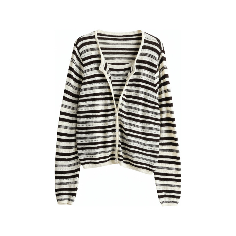 "Striped Partner" Striped Single-Breasted Hollow-Out Cardigan and Wool Knit Two-Piece Set Js8313