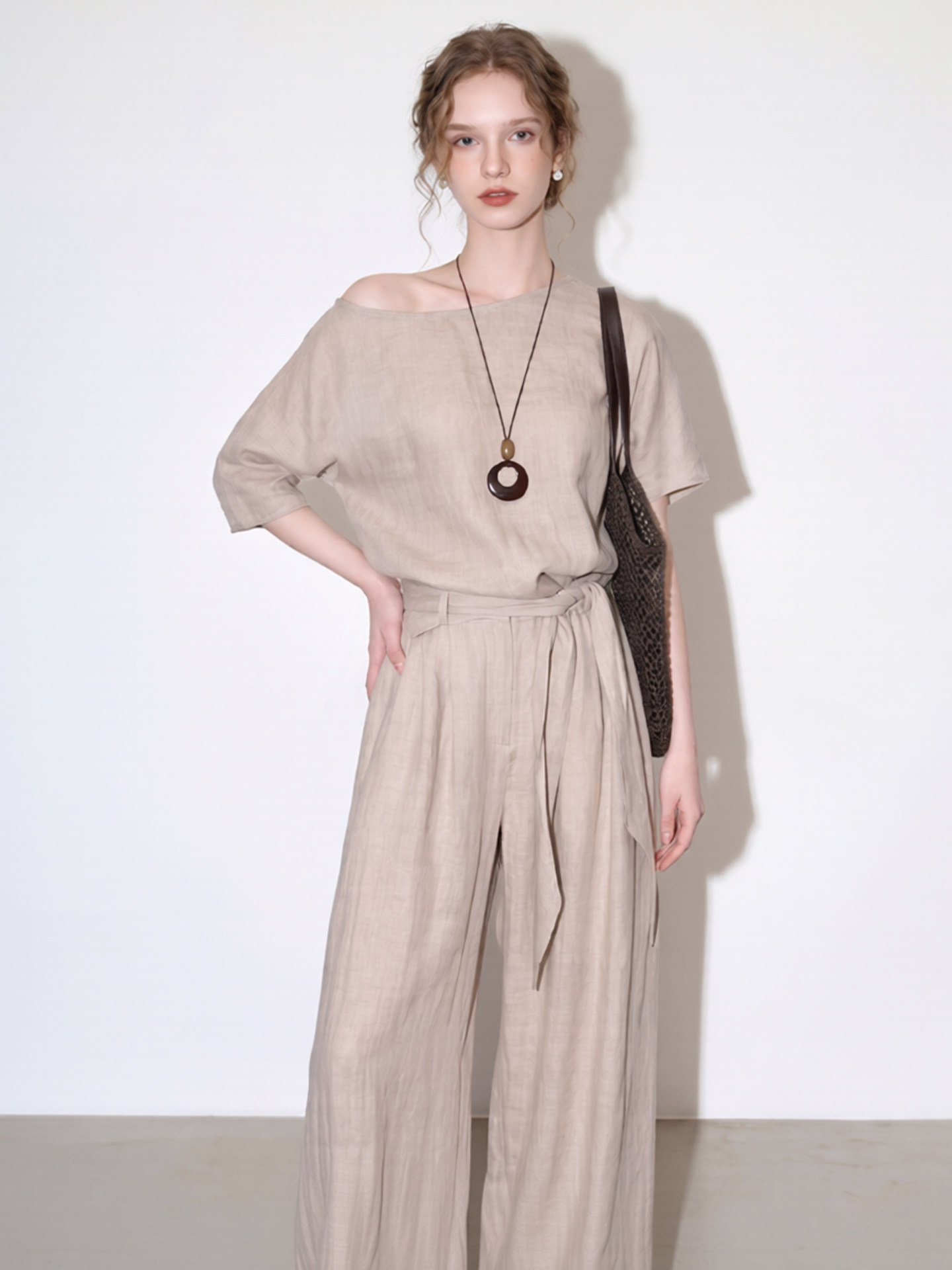 Apricot gray sloped collar Tencel shirt wide-leg pants two-piece set for women 2026 summer new temperament commuter style suit