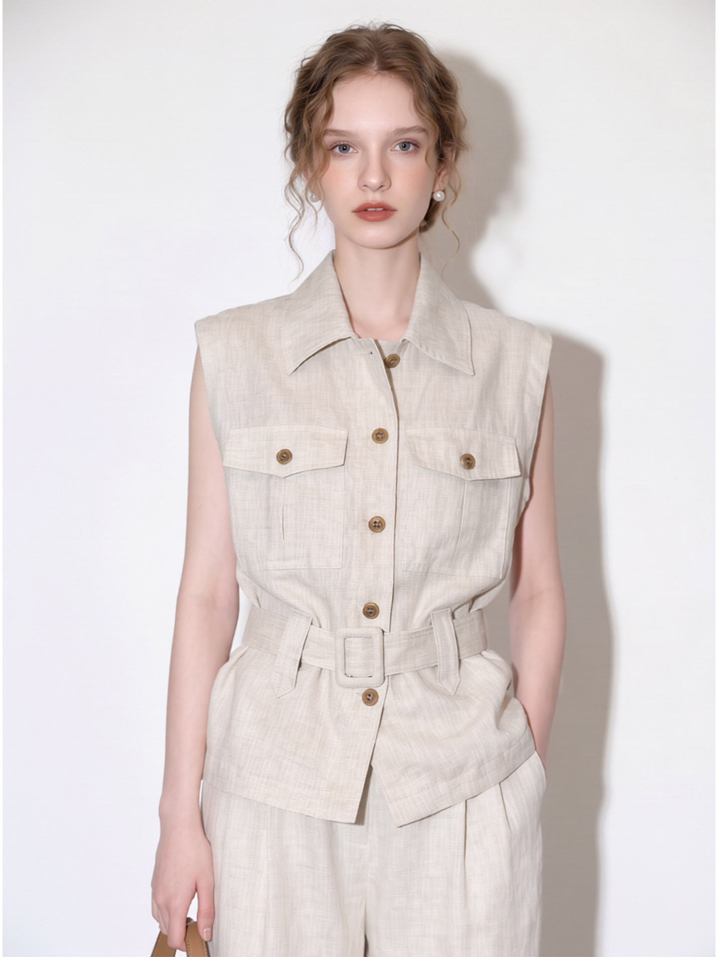 Hemp natural color sleeveless lapel vest wide leg pants suit for women 2026 summer new style waist commuting two-piece set