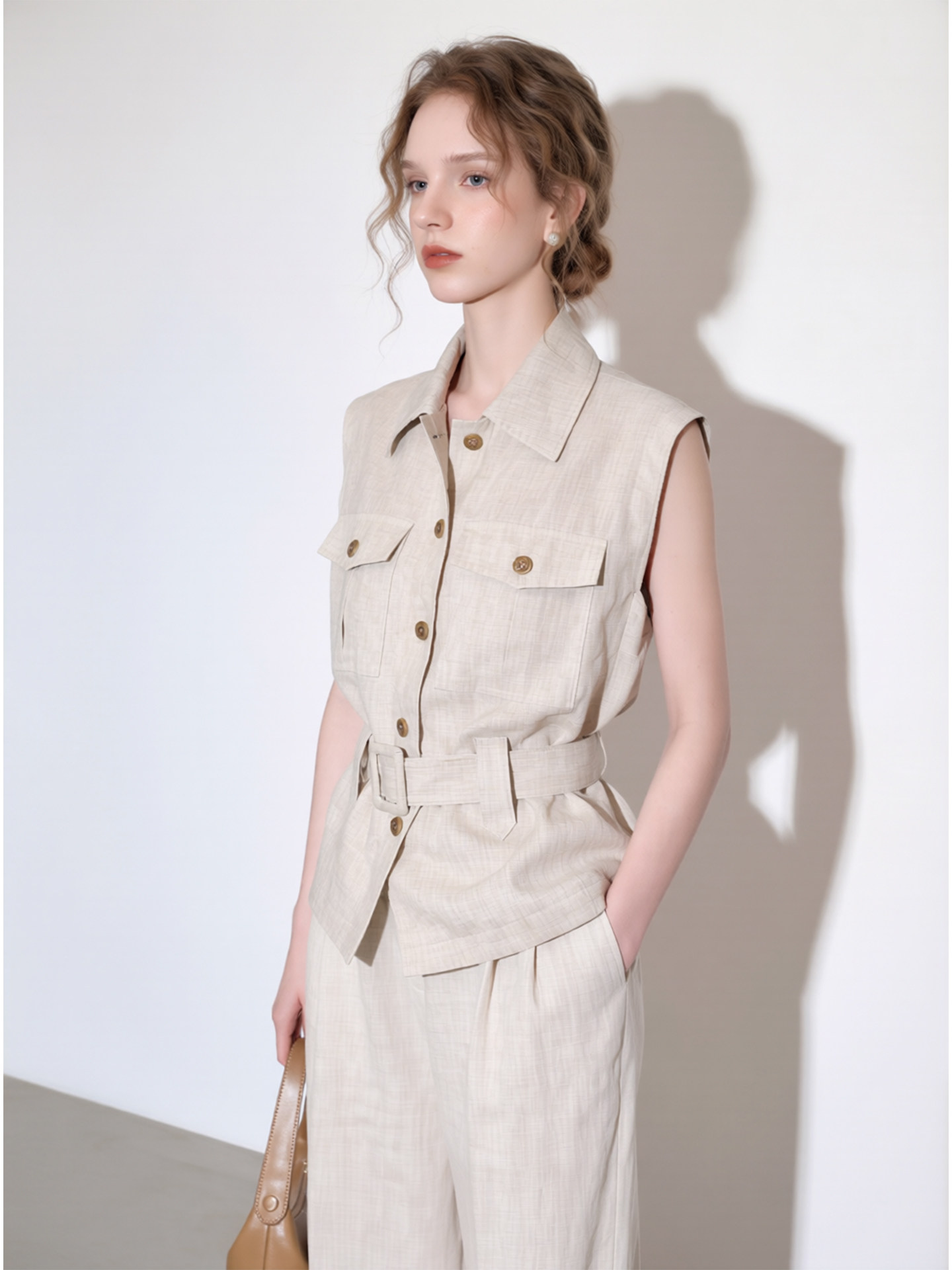 Hemp natural color sleeveless lapel vest wide leg pants suit for women 2026 summer new style waist commuting two-piece set