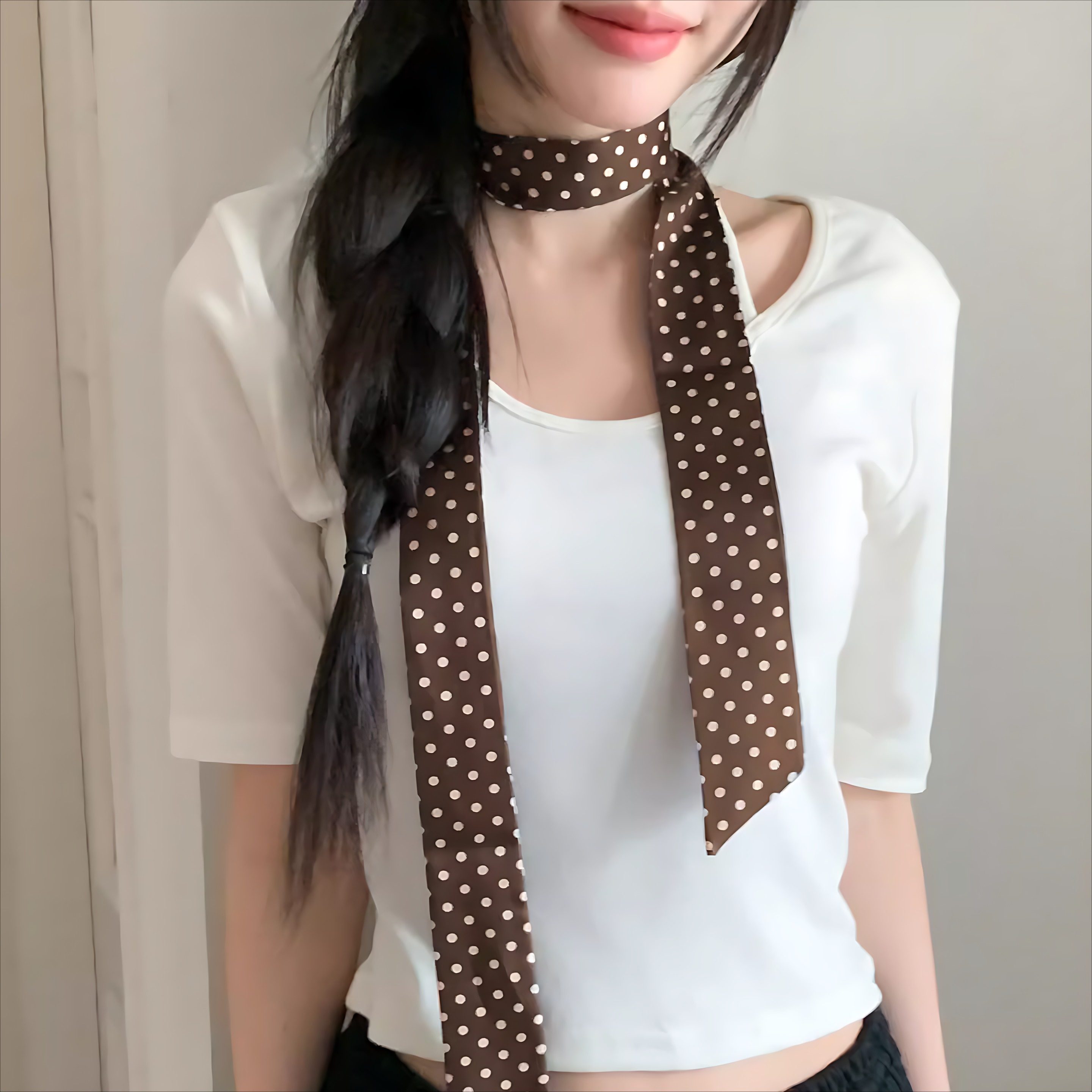French retro chic and versatile decorative narrow ribbon brown polka dot long scarf/neck scarf for women