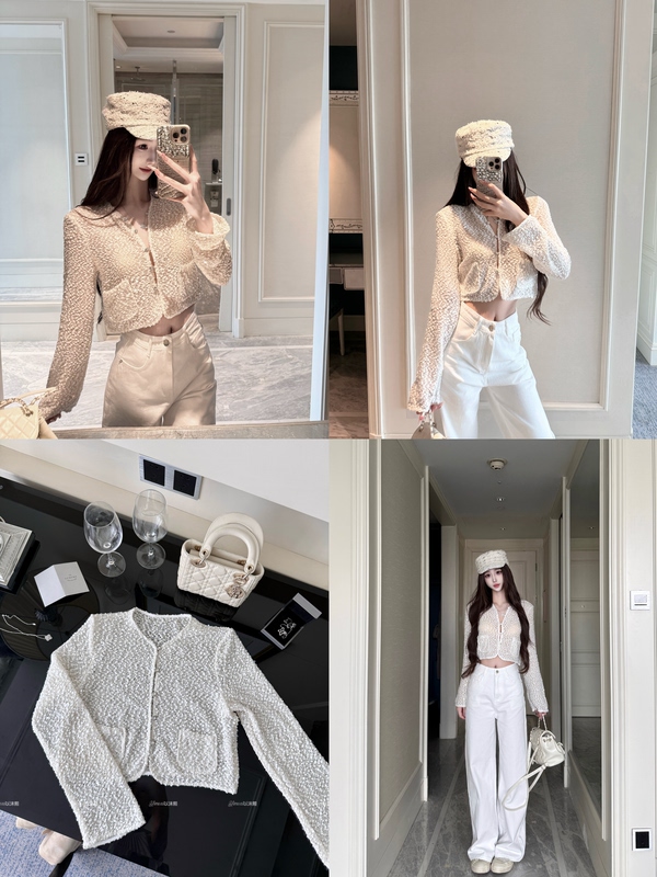 Yimoxi【Fine Sparkle Galaxy】White Transparent Sequin Short Cardigan with Thin Hollow-Out Design