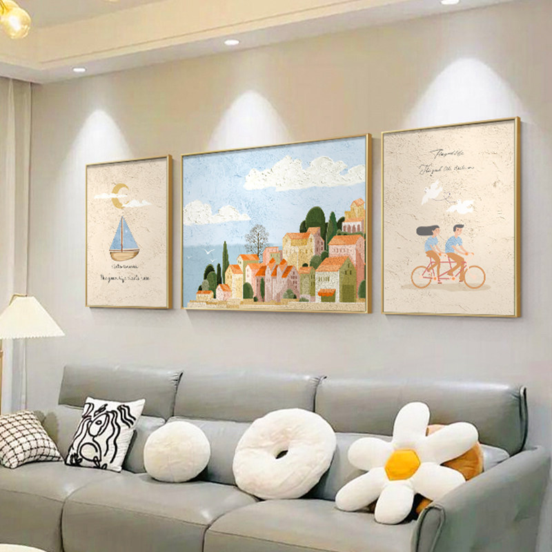 Sunlight and Wind Modern Minimalist Living Room Hand-Painted Oil Painting Landscape Triptych Decorative Painting High-End Sofa Texture Painting