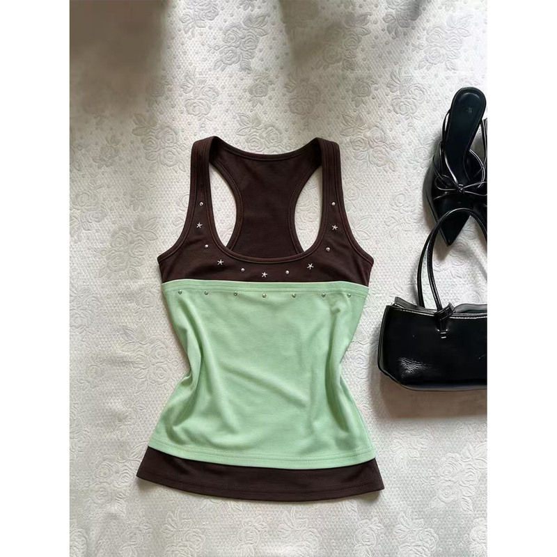 American Retro Color-Blocked Studded Camisole for Women, Summer Slim-Fit Versatile Design Crop Top