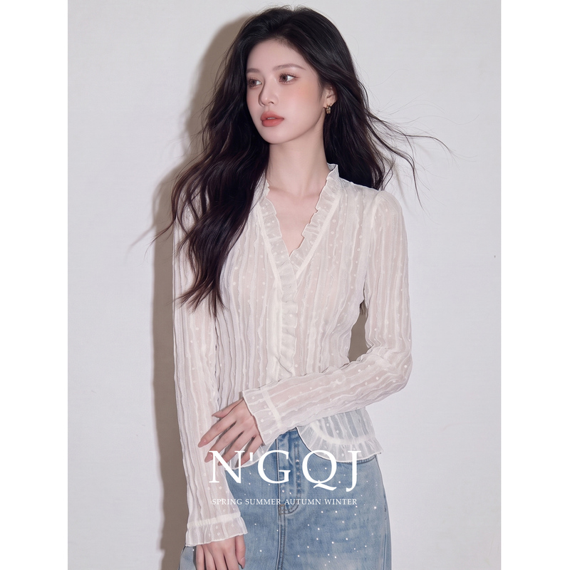 Unique, Beautiful and Stunning Women's Top 2026 Autumn Thin French-Style Elegant Textured Pleated Lace White Shirt Unique, Beautiful and Stunning Women's Top 2026 Autumn Thin French-Style Elegant Textured Pleated Lace White Shirt