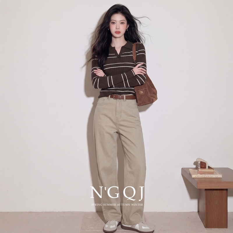 2026 Early Autumn New Korean Style Casual and Relaxed Elegant Outfit Striped Knit Sweater Straight-Leg Pants Set Old Money Style 2026 Early Autumn New Korean Style Casual and Relaxed Elegant Outfit Striped Knit Sweater Straight-Leg Pants Set Old Money Style