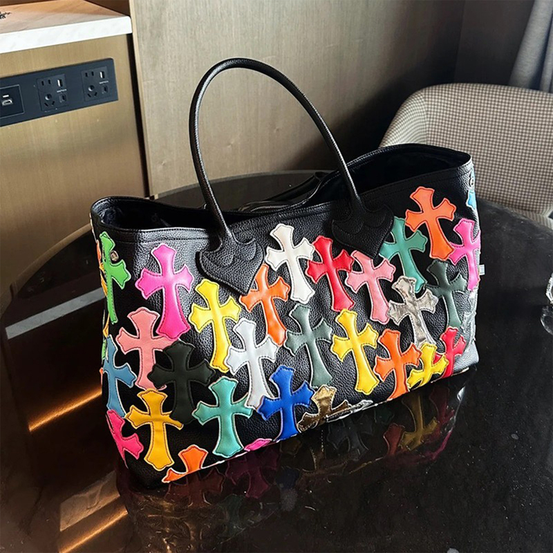 New Colorful Crossbody Tote Bag for Women, Large Capacity, Color-Blocked Trendy Bag, Travel and Commuting Underarm Bag, Genuine Leather Large Bag