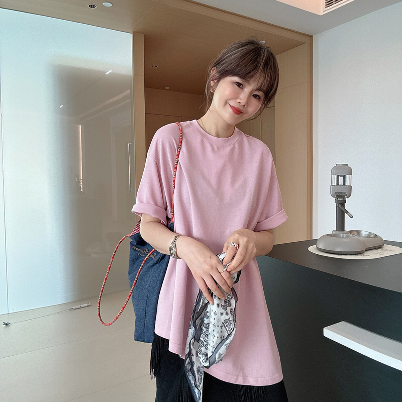 Summer Simple and Versatile Loose Round Neck Mid-Length Side Slit Short-Sleeved T-Shirt for Women