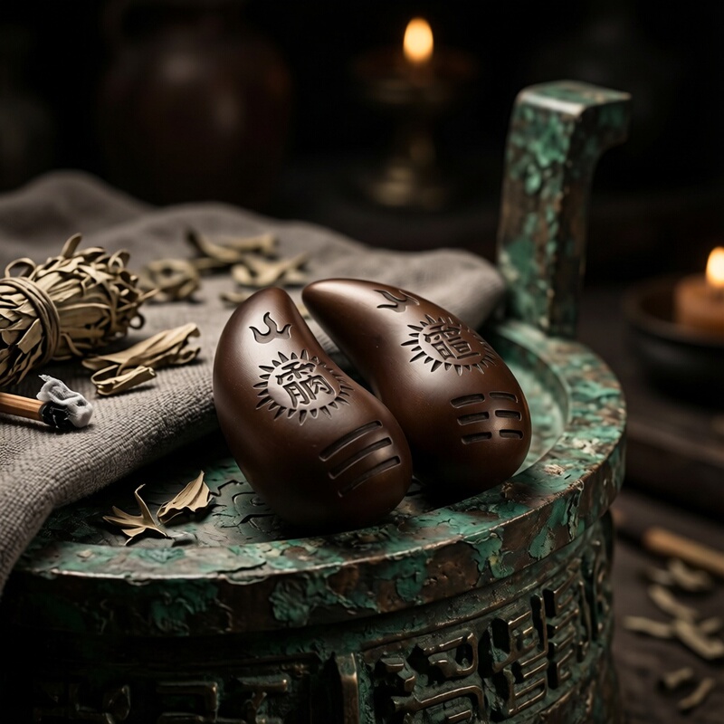 Longhu Mountain Jade-Encrusted Jujube Wood Natural Lightning-Struck Wood Holy Cup Ox Horn Hanging Sheep Horn Hexagram Solid Wood Taoist Props and Supplies Carving
