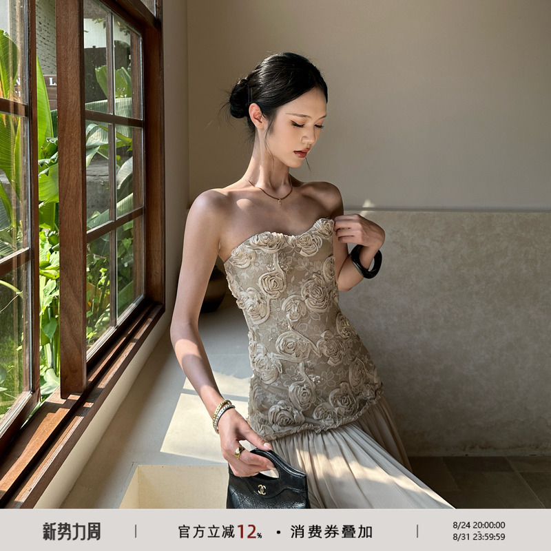 202Ventus Milk Tea Color Strapless Vacation Dress Birthday Coming-Of-Age Ceremony Graduation Dress Bodycon Elegant Long Dress