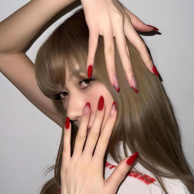 Lisa's New Year Red French-Style Small Rhinestone Handmade Press-On Nails, High-End European and American Style Long Almond-Shaped Manicure