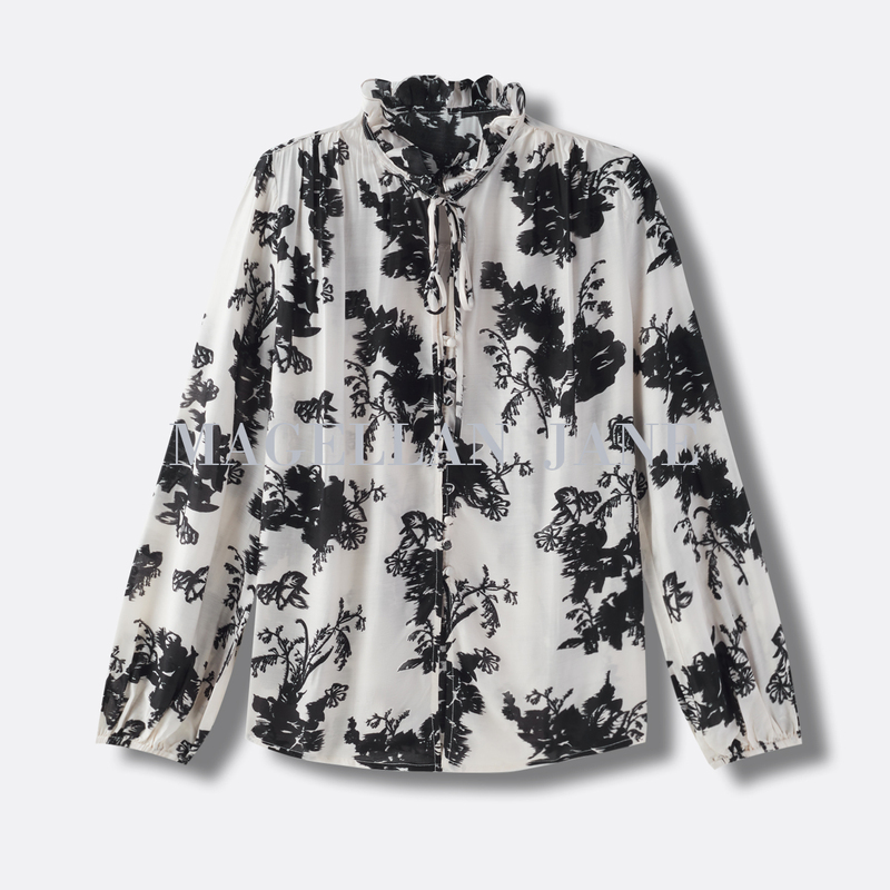 【Chinese Style Ink Painting】Silk Romantic Print French Lace Stand Collar Babydoll Blouse 01726