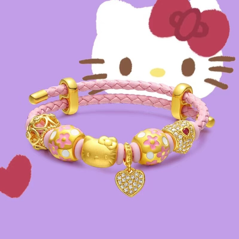 Official Genuine Kitty Cat Gold Bracelet Baguette Cat Bracelet with Fortune Beads Gold-Plated Silver Gift for Girlfriend 520 Gift