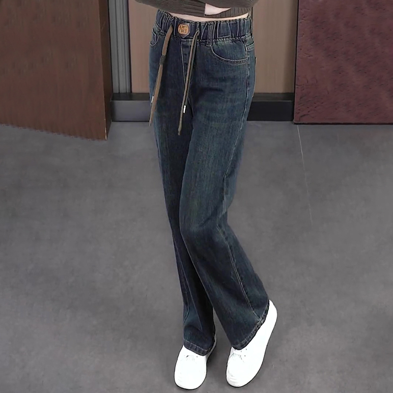 Narrow Elastic Waist 2026 Spring and Autumn New High-Waisted Slimming Cement Gray Jeans for Women, Loose Slimming Straight-Leg Pants
