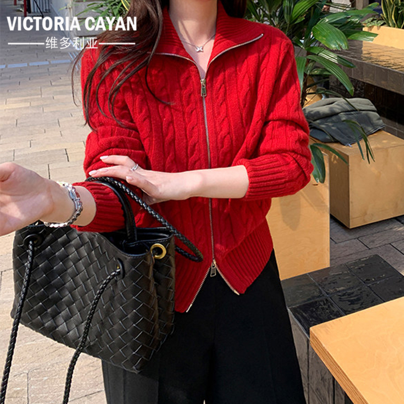 [Victoria] High-End Wool Stand-Collar Sweater for Women 2026 Autumn and Winter Old Money Style Twist Zipper Knit Cardigan