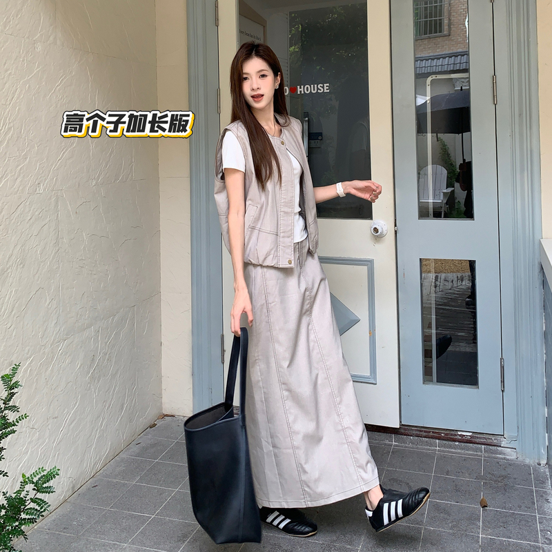 Luxury Linen Old Money Style Tall and Long Workwear-Style Versatile Sleeveless Vest Jacket + Skirt Two-Piece Set