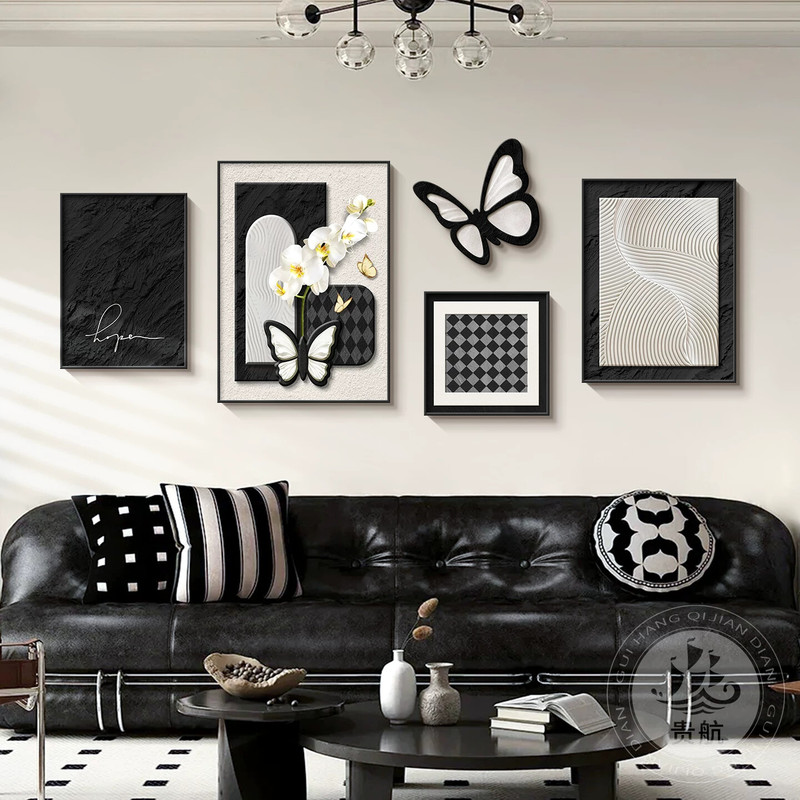 French-Style Black and White Abstract Living Room Decorative Painting, Vintage Butterfly Sofa Background Wall Hanging Painting, High-End Combination Wall Art French-Style Black and White Abstract Living Room Decorative Painting, Vintage Butterfly Sofa Background Wall Hanging Painting, High-End Combination Wall Art