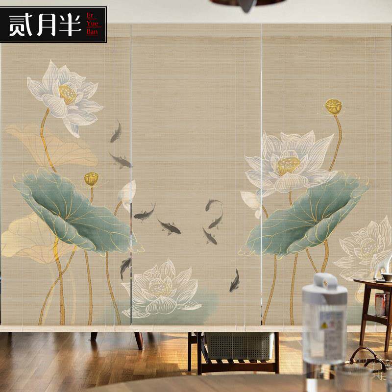 印花竹帘卷帘中式荷花窗帘门帘子茶室玄关隔断装饰帘客厅遮阳帘