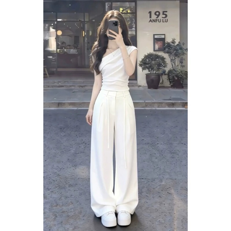 Korean Uamtor Stylish Outfit Set for Women, New Summer White Off-Shoulder Top and Wide-Leg Pants Two-Piece Set Korean Uamtor Stylish Outfit Set for Women, New Summer White Off-Shoulder Top and Wide-Leg Pants Two-Piece Set