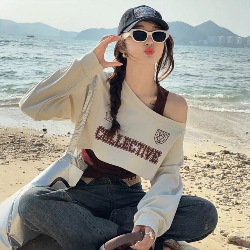 Uamtor Short Off-Shoulder Long-Sleeve T-Shirt Women's Autumn Two-Piece Set Off-Shoulder Outfit Jazz Dance Top New Style Uamtor Short Off-Shoulder Long-Sleeve T-Shirt Women's Autumn Two-Piece Set Off-Shoulder Outfit Jazz Dance Top New Style
