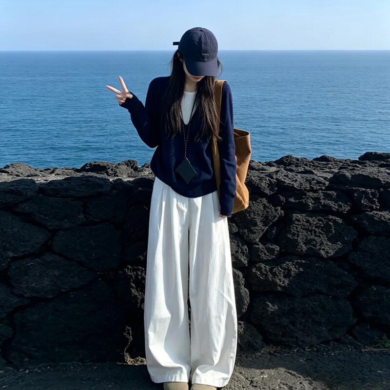 Uamtor's Super Stylish Korean-Style Outfit Set for Women, New Autumn Blue Knit Sweater Top and Wide-Leg Pants Set