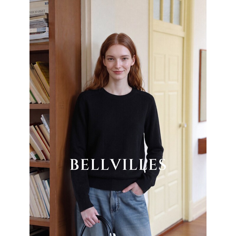 Bellvilles/Bellavilla French Minimalist 100% Merino Wool Black Knitted Sweater Women's Round Neck Sweater Autumn Bellvilles/Bellavilla French Minimalist 100% Merino Wool Black Knitted Sweater Women's Round Neck Sweater Autumn