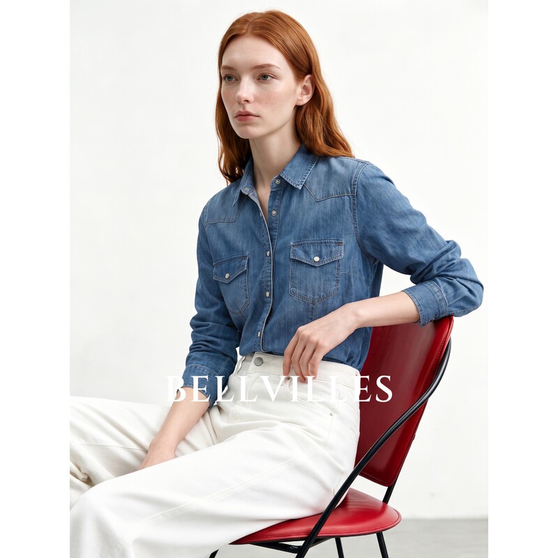 Bellvilles/Bella Villa French Retro 100% Tencel Blue Denim Shirt Women's Autumn Workwear Jacket Bellvilles/Bella Villa French Retro 100% Tencel Blue Denim Shirt Women's Autumn Workwear Jacket