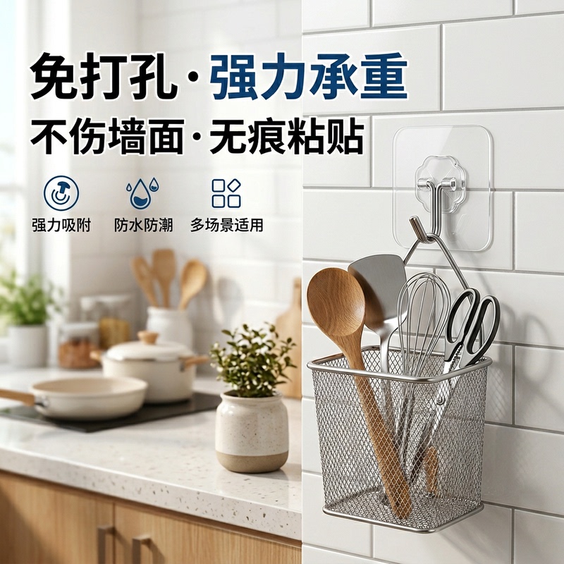 Household Traceless Adhesive Hooks, No-Drill Hooks, Strong Self-Adhesive Load-Bearing Hooks for Kitchen and Bathroom Walls, Multifunctional Storage, Simple Adhesive Hooks