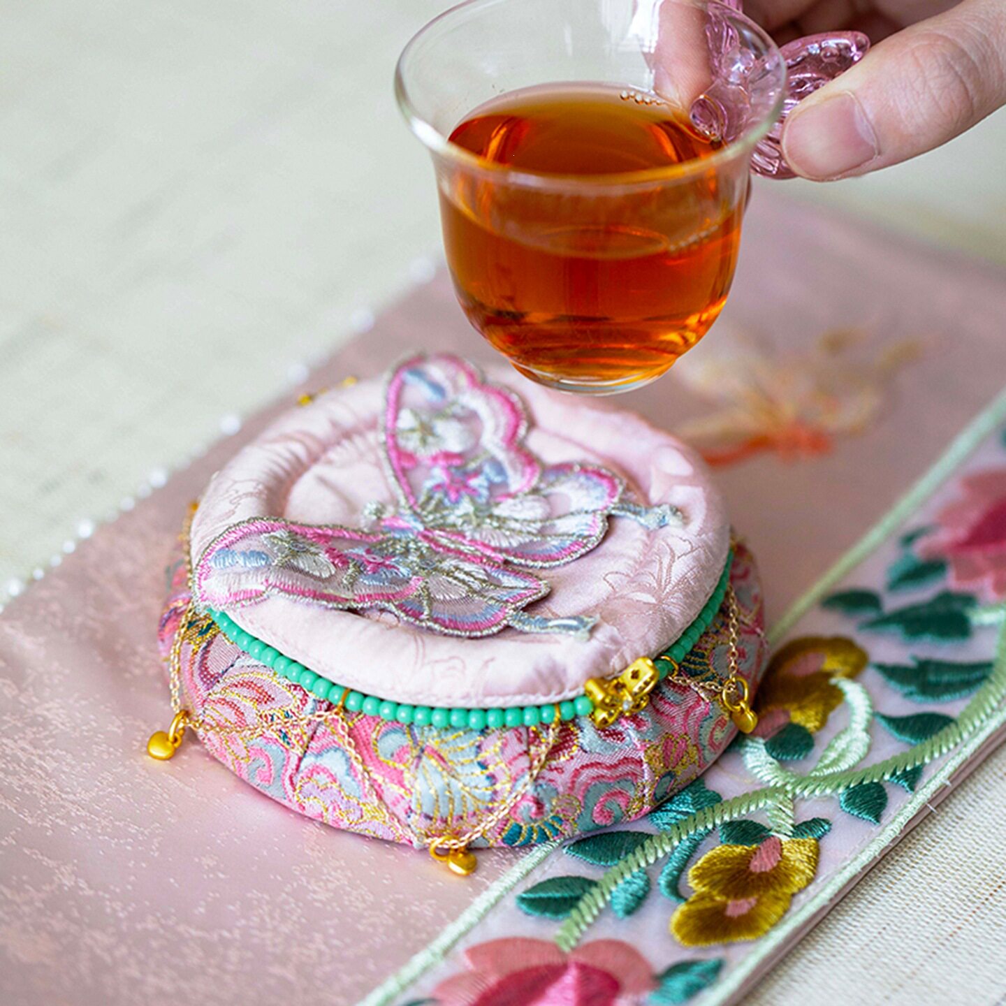 New Chinese style tea mat brocade butterfly fabric coaster tea set tea ceremony spare parts saucer insulation pad water absorption