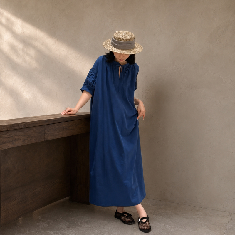 Tuat Clear and Serene Pima Cotton Cloud-Dyed Ruched Short-Sleeve Elegant Artistic Loose One-Piece Dress