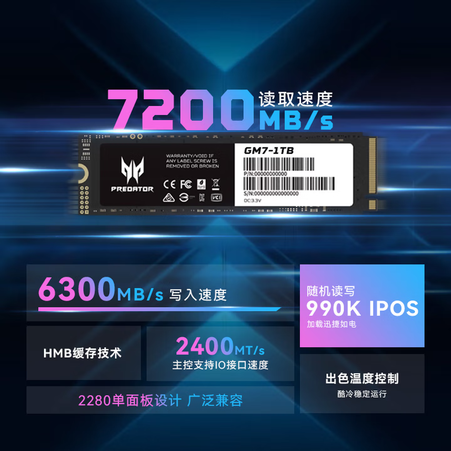 Acer Predator GM7 500G/512G/1T/2T M.2 NVMe PCIe4 Твердотельный накопитель SSD 1TB