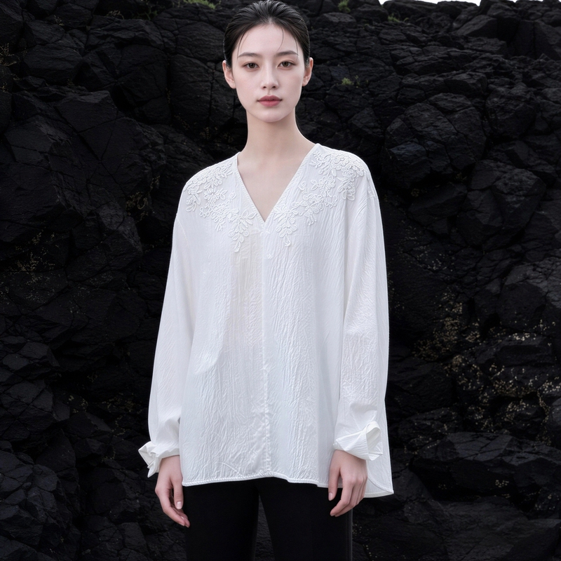 V-Neck White Shirt for Women 2026 Autumn and Winter Design Long-Sleeve Shirt Mid-Length Loose Heavy Embroidery Top Trendy V-Neck White Shirt for Women 2026 Autumn and Winter Design Long-Sleeve Shirt Mid-Length Loose Heavy Embroidery Top Trendy