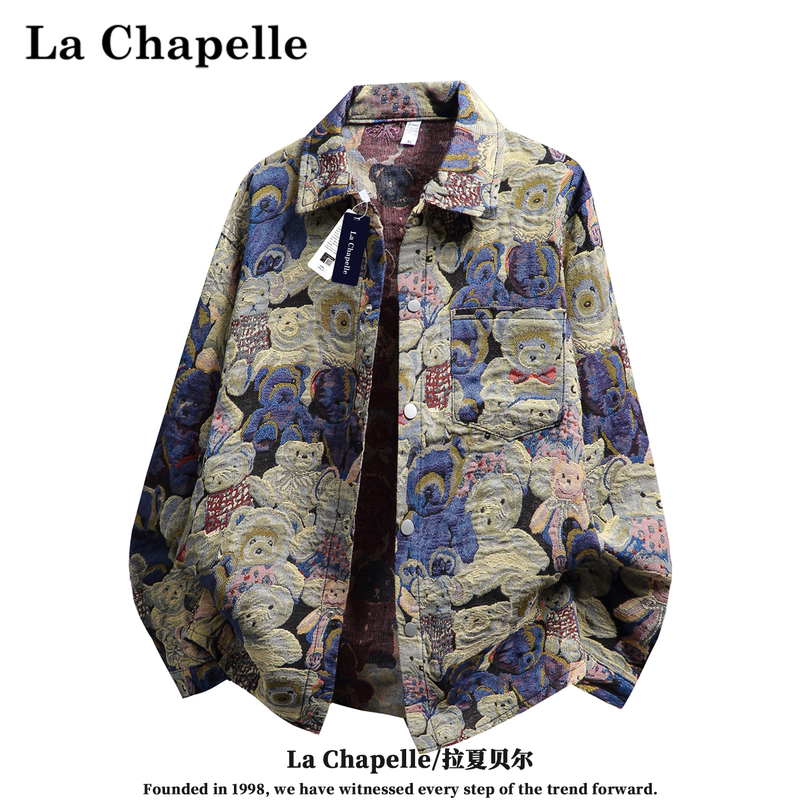 La Chapelle Autumn American-Style Bear Embroidery Jacquard Jacket for Men with Full Print Cartoon Turn-Down Collar Loose Cotton Jacket La Chapelle Autumn American-Style Bear Embroidery Jacquard Jacket for Men with Full Print Cartoon Turn-Down Collar Loose Cotton Jacket