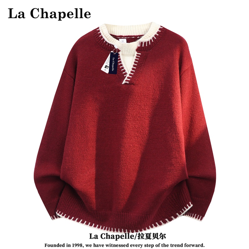 La Chapelle 2026 Winter New American-Style Color-Blocked Trim Faux Two-Piece Bright Red Sweater Men's Top Trendy