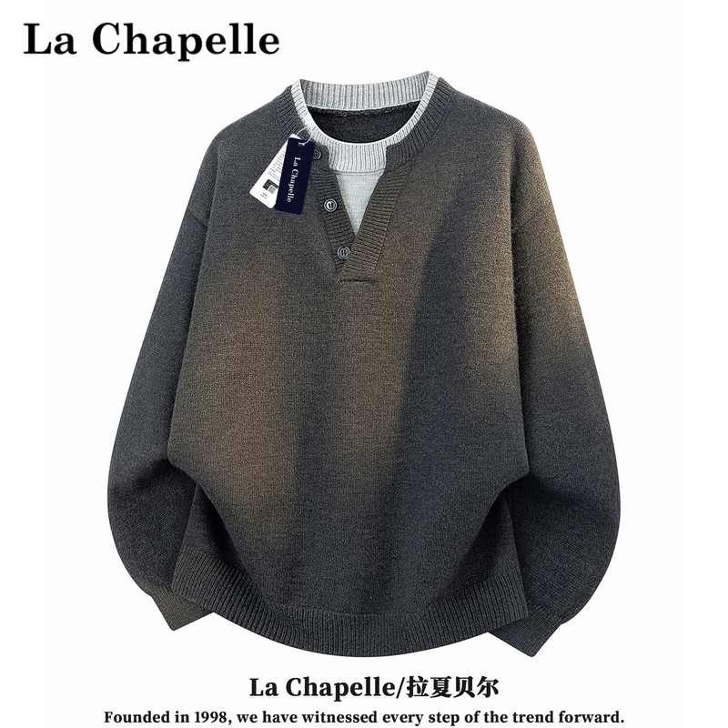 La Chapelle 2026 Autumn New Old Money Style Fake Two-Piece Knitted Sweater Men's Loose Color-Block Patchwork Top