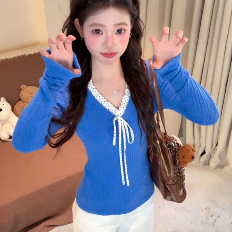 Plus-Size Bow-Knot V-Neck Cable-Knit Sweater for Women, Early Spring Long-Sleeve Slim-Fit Pullover Top Plus-Size Bow-Knot V-Neck Cable-Knit Sweater for Women, Early Spring Long-Sleeve Slim-Fit Pullover Top