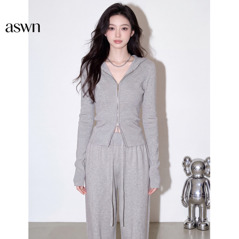 Aswn Gray Sports Style Knitted Suit for Women, Autumn 2026 New Style Hooded Top, Casual Wide-Leg Pants Two-Piece Set Aswn Gray Sports Style Knitted Suit for Women, Autumn 2026 New Style Hooded Top, Casual Wide-Leg Pants Two-Piece Set