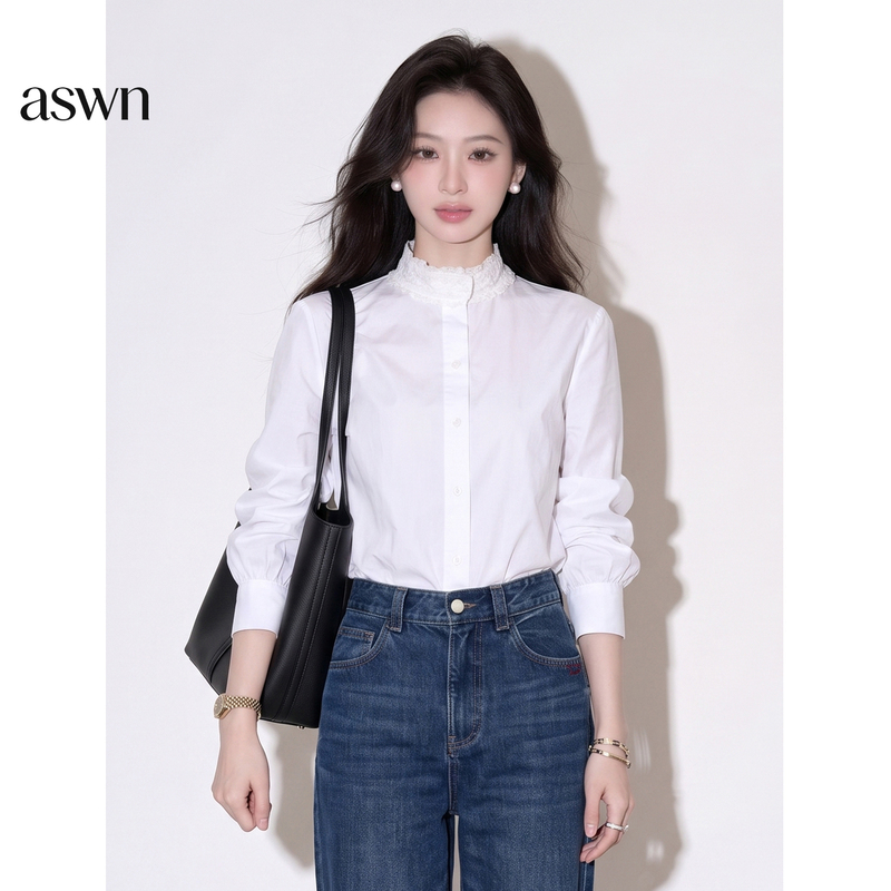 Aswn French-Style Lace Stand-Collar Long-Sleeve Shirt for Women, Autumn 2026 New Model, High-Class Intellectual Korean-Style Top Aswn French-Style Lace Stand-Collar Long-Sleeve Shirt for Women, Autumn 2026 New Model, High-Class Intellectual Korean-Style Top