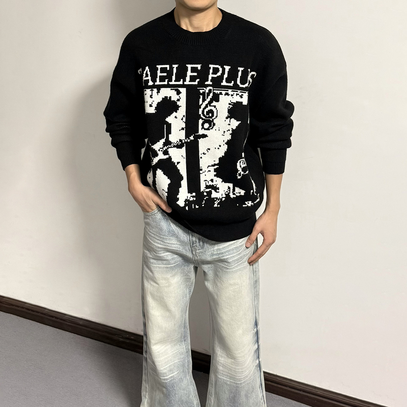 Swlace Retro Band Slogan Pattern Rock Note Jacquard Round Neck Sweater Loose and Lazy Style Sweater for Men and Women