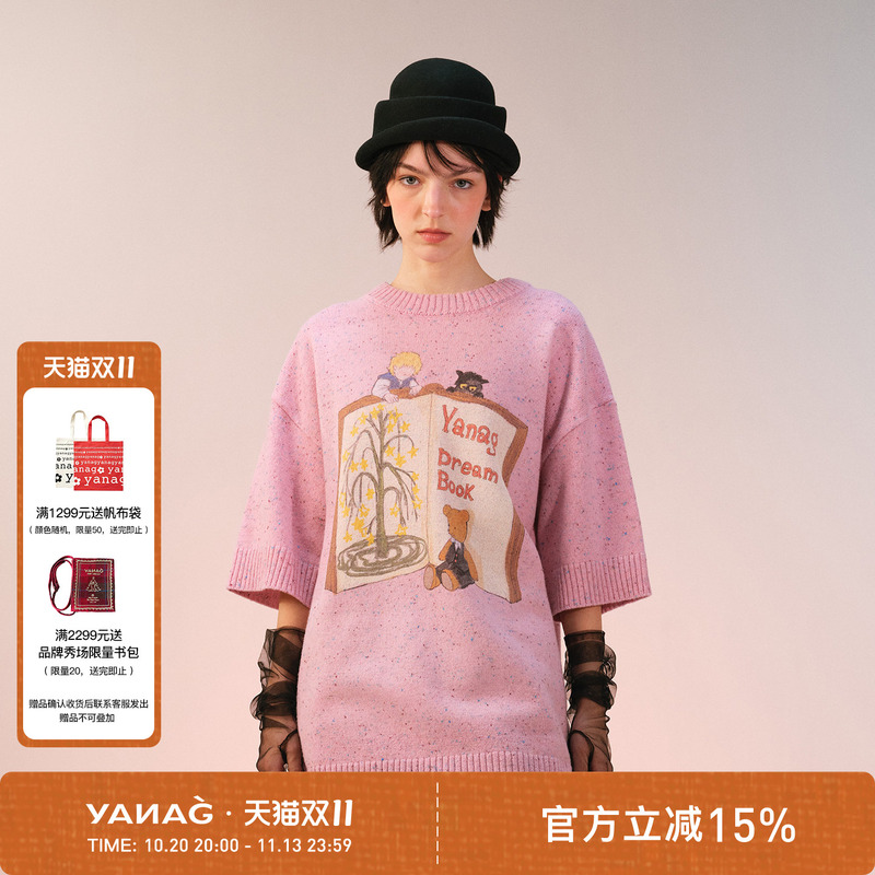 Yanag Pink Wool Knitwear Women's 2026 Autum New Bear Print Three-Quarter Sleeve Bottoming Top Yanag Pink Wool Knitwear Women's 2026 Autum New Bear Print Three-Quarter Sleeve Bottoming Top