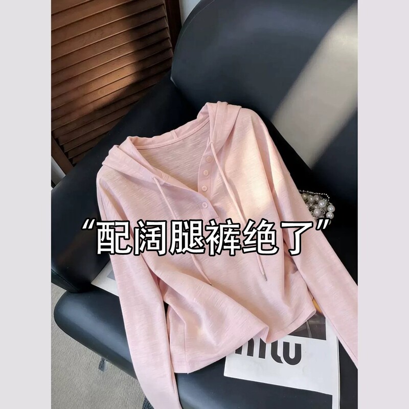 Very Pretty Pink Bamboo Cotton Hooded Long-Sleeve T-Shirt for Women, New Spring and Autumn Style, Slimming Commuter Hoodie, Base Layer Top Very Pretty Pink Bamboo Cotton Hooded Long-Sleeve T-Shirt for Women, New Spring and Autumn Style, Slimming Commuter Hoodie, Base Layer Top