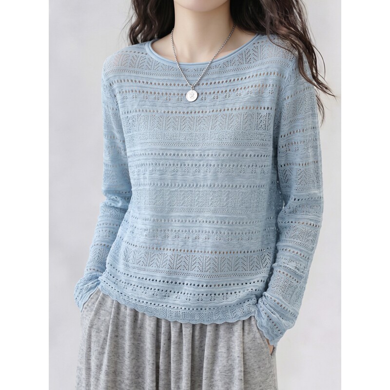 Light Blue Japanese Paper Yarn Hollow-Out Knit Cardigan for Women, Spring and Autumn, Minimalist High-Class Style, Slightly Sheer Long-Sleeve Sun Protection Air-Conditioning Shirt