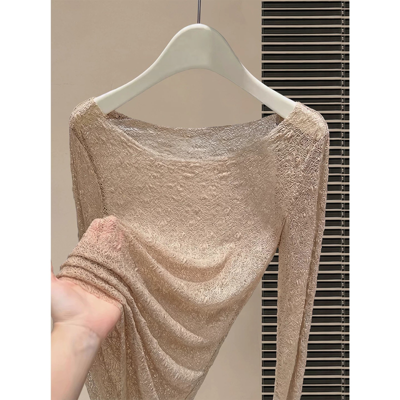 Coffee-Colored Stylish Lace Long-Sleeve Base Shirt for Women, New Autumn Fashion with a High-End Feel, Off-Shoulder Hollow-Out Inner Top