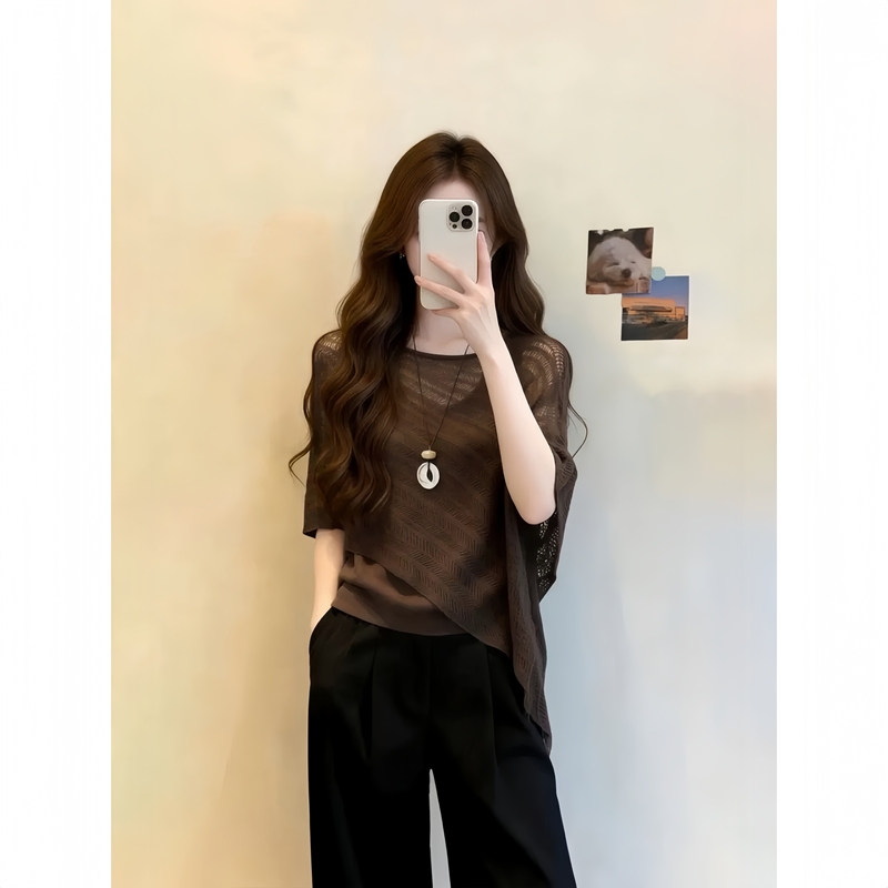Coffee-Colored Hollow-Out Cape Shawl Batwing Sleeve Knit Sweater for Women, Autumn High-End Style Cover-Up, Faux Two-Piece Mid-Sleeve Top Coffee-Colored Hollow-Out Cape Shawl Batwing Sleeve Knit Sweater for Women, Autumn High-End Style Cover-Up, Faux Two-Piece Mid-Sleeve Top