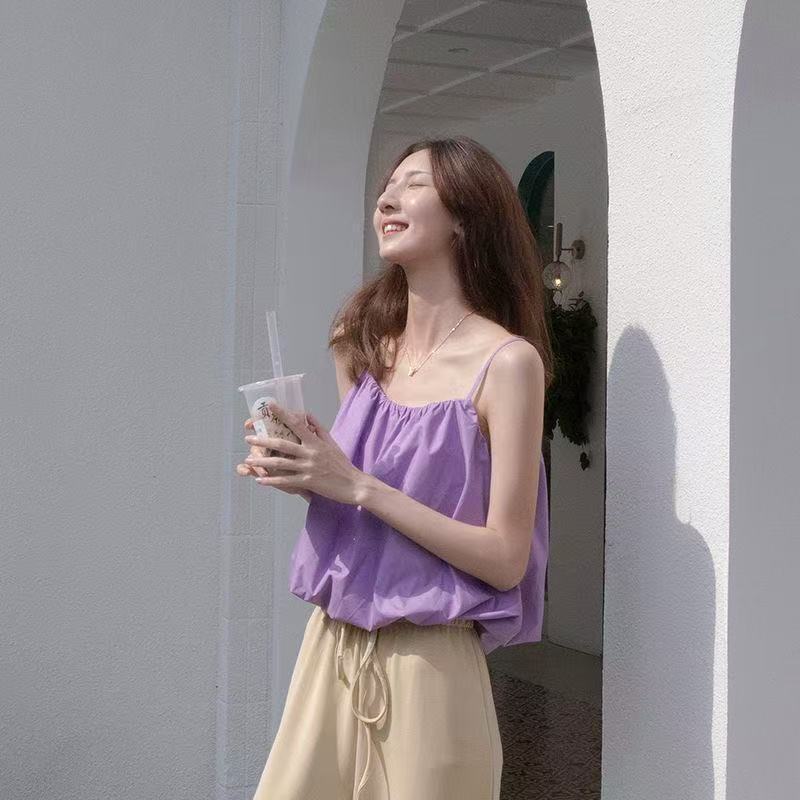 Pure Desire Camisole for Women 2024 Summer New Solid Color Short Vest with Slimming Collarbone Design and Puffy Lantern Bud Style Top